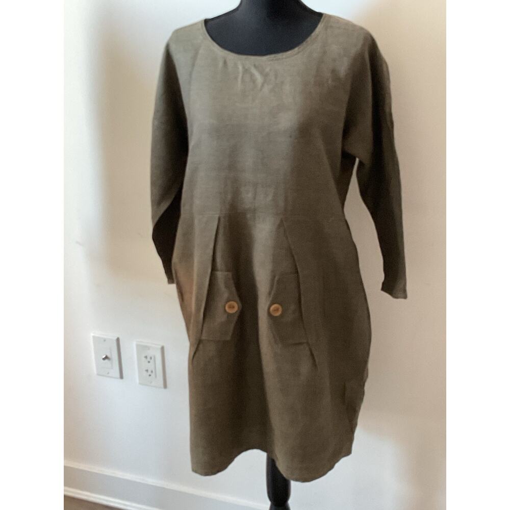 Cotélac Tunic Dress Olive Linen Knee Length Long Sleeve Pockets Zip Size 2